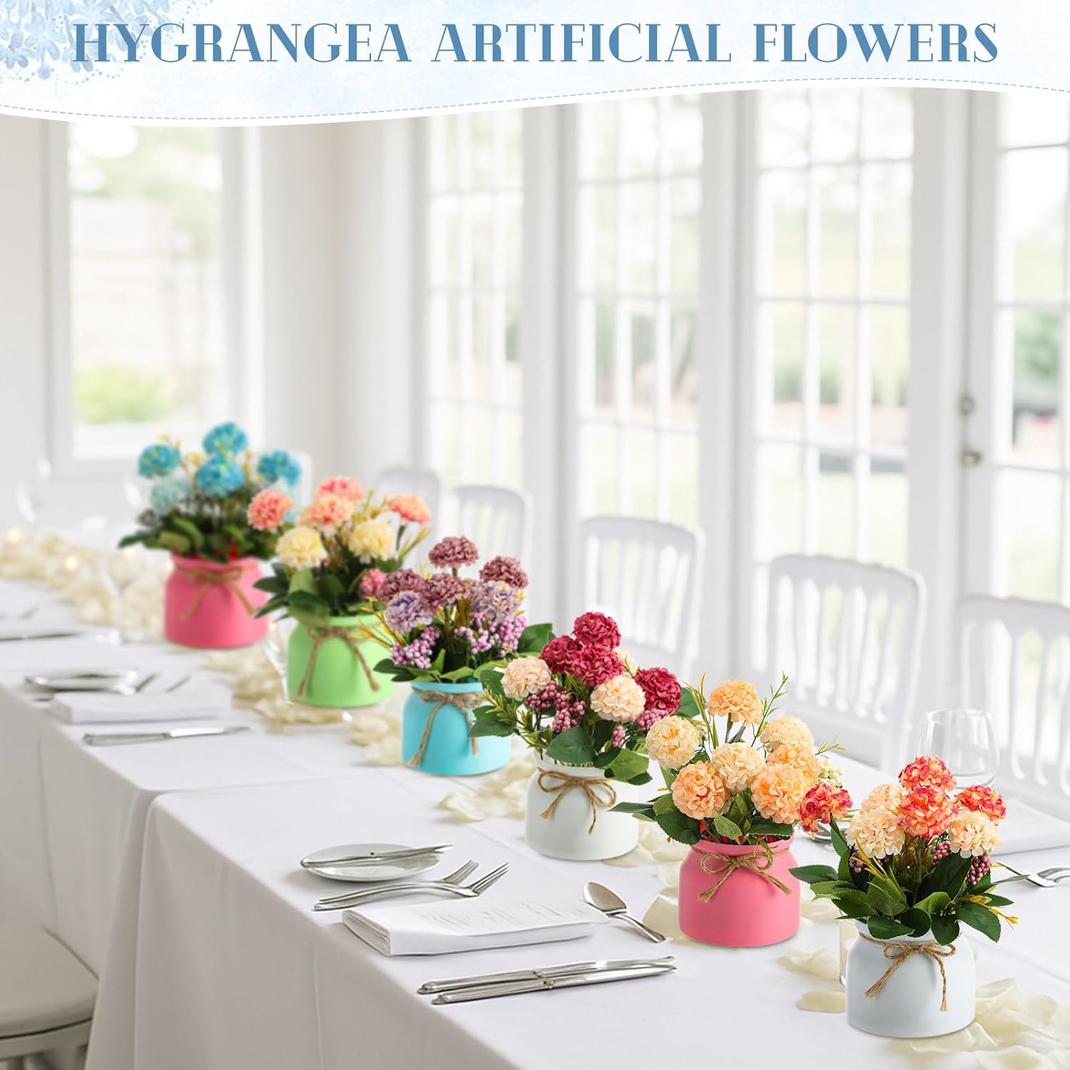 12 Pcs Hydrangea Artificial Flowers In Vase Artificial Hydrangea Potted Small Fake Flowers Table Centerpiece Decoration Arrangement Faux Floral Indoor For Wedding Party Home Office Desk