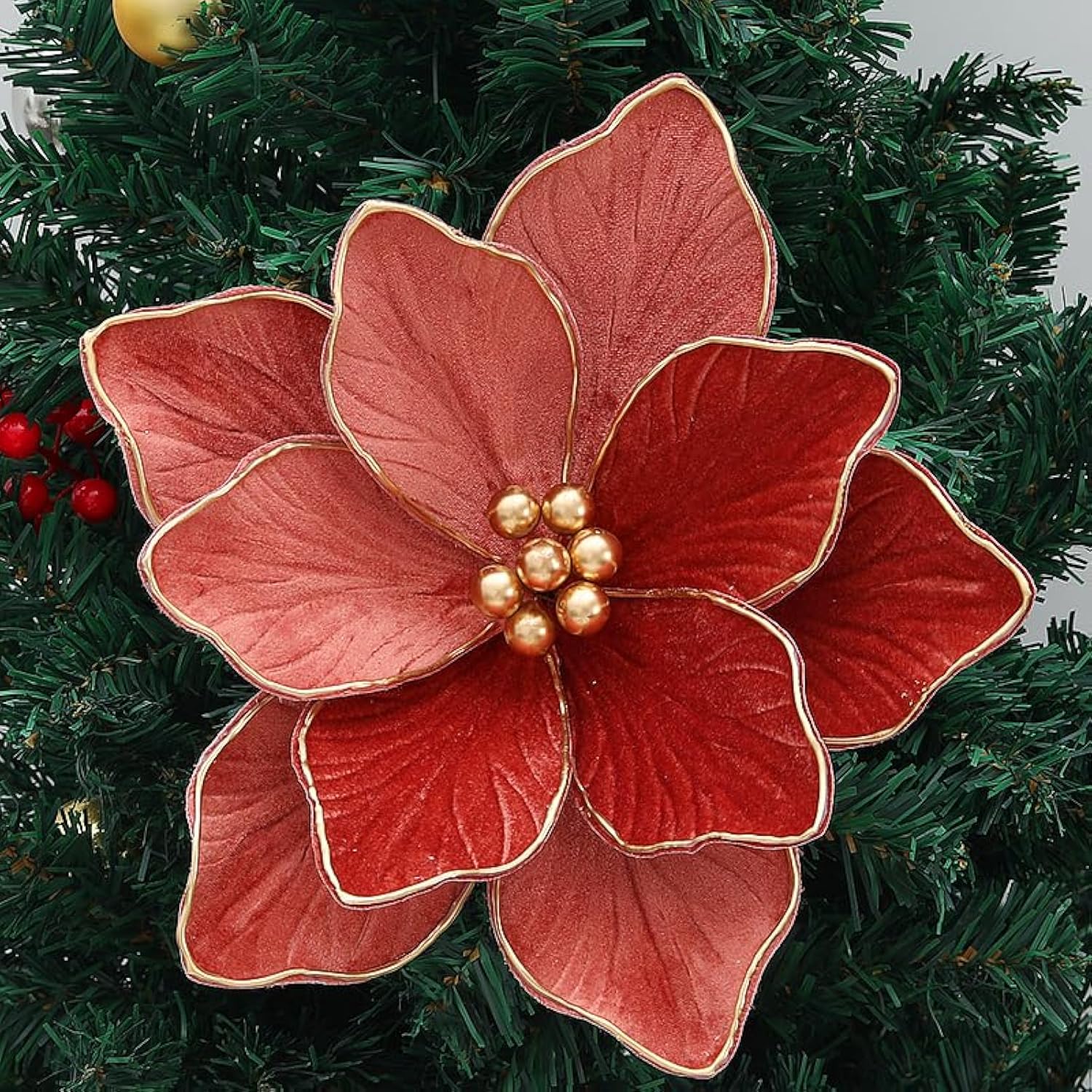 4Pcs Christmas Party Artificial Flowers 11.8Inch Artificial Poinsettia Flower Fake Christmas Flower With Stems For Diy Crafts Xmas Tree Wreath Garland Wedding Party Home Decor (Rose Gold)