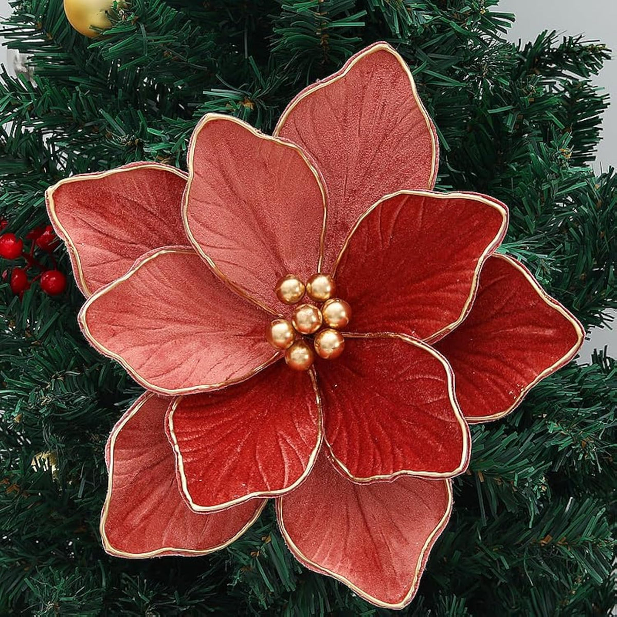 4Pcs Christmas Party Artificial Flowers 11.8Inch Artificial Poinsettia Flower Fake Christmas Flower With Stems For Diy Crafts Xmas Tree Wreath Garland Wedding Party Home Decor (Rose Gold)