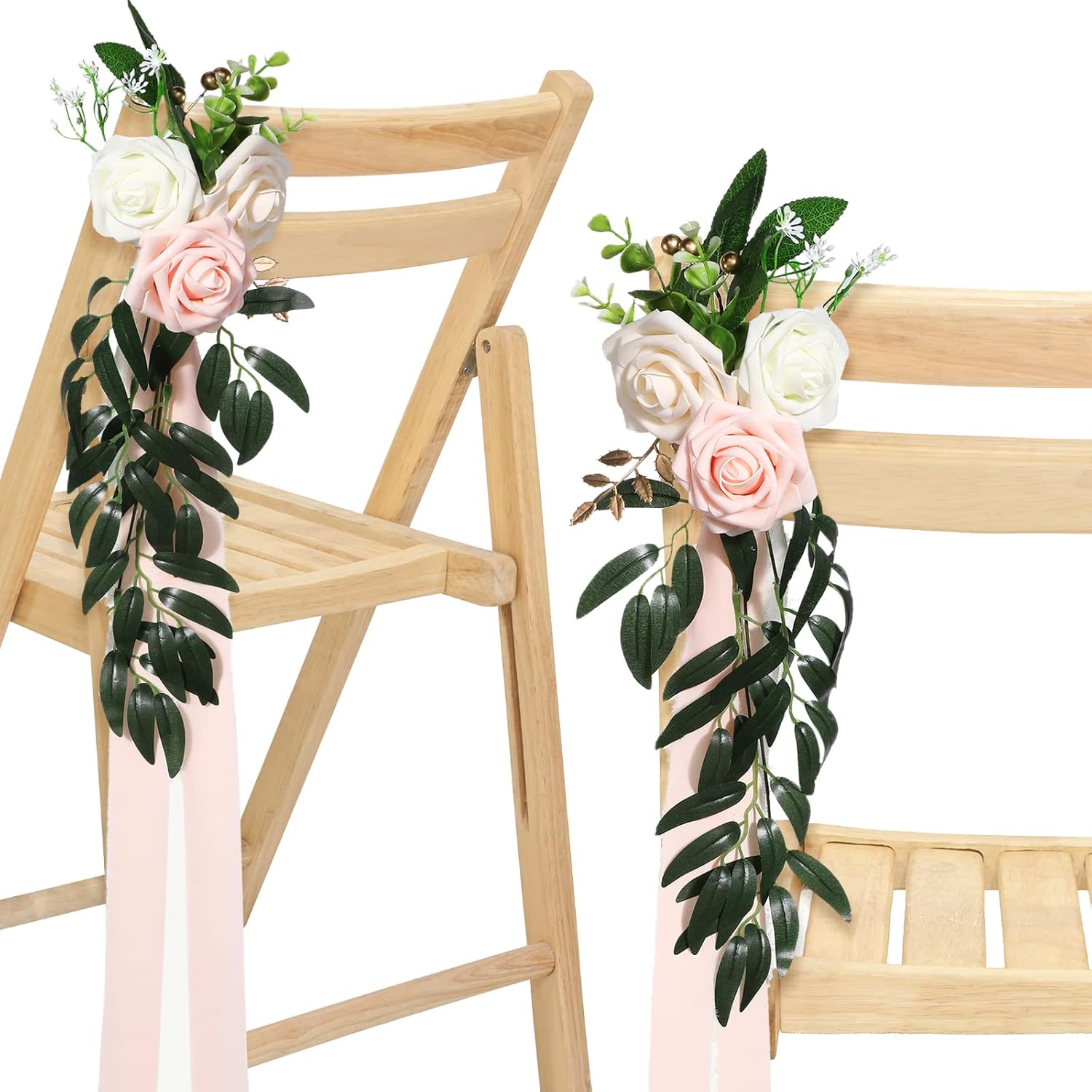 16 Pcs Wedding Aisle Decorations For Wedding Ceremony Pew Artificial Flowers Rose For Church Chair Back Floral With Eucalyptus Leaves And Ribbons Ceremony Party Decor(Pink, Beige)