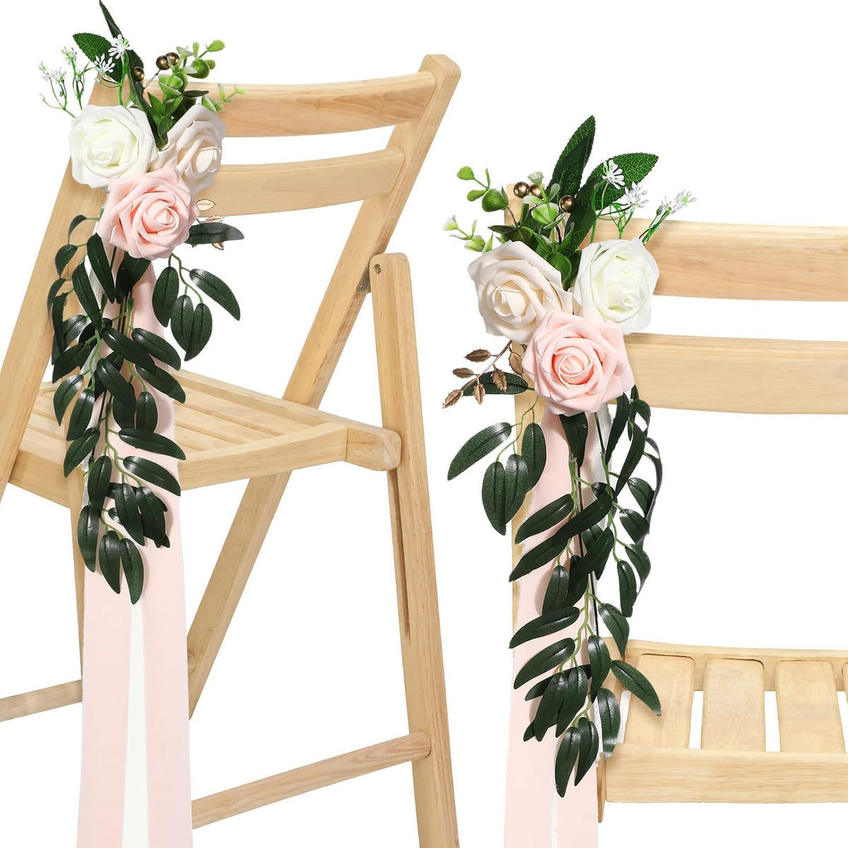 16 Pcs Wedding Aisle Decorations For Wedding Ceremony Pew Artificial Flowers Rose For Church Chair Back Floral With Eucalyptus Leaves And Ribbons Ceremony Party Decor(Pink, Beige)