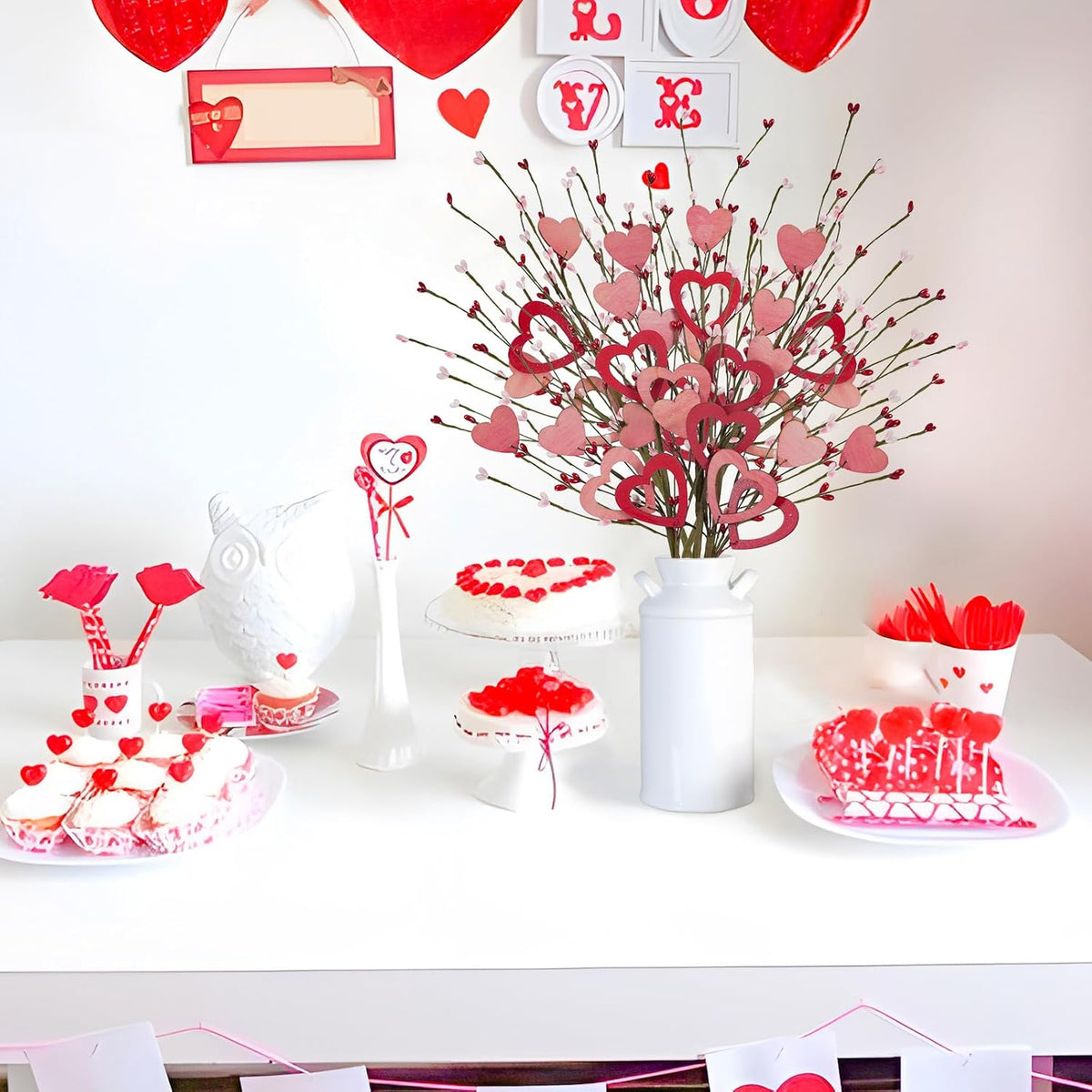 6 Pcs Valentines Day Decor, 23.6In Valentines Day Artificial Flowers Picks Red Pink Artificial Berry Stem With Wooden Heart For Vase Anniversary Home Table Centerpieces Valentine'S Day Decor
