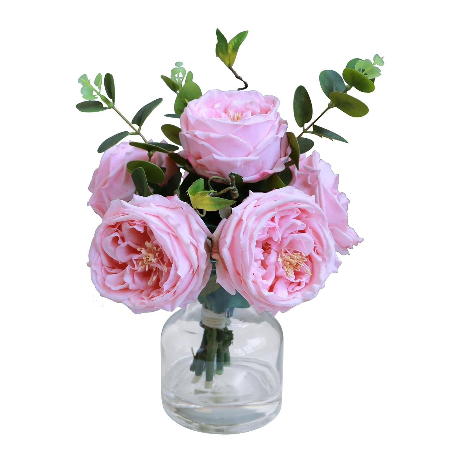 Real Touch Pink Floral Rose Fake Flower Bouquet In Fake Water Silk Flower Arrangements Artificial Flowers With Vase Centerpieces For Center Table Decor Dining Room House Kitchen Decorations