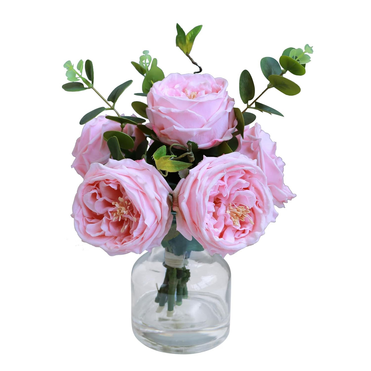 Real Touch Pink Floral Rose Fake Flower Bouquet In Fake Water Silk Flower Arrangements Artificial Flowers With Vase Centerpieces For Center Table Decor Dining Room House Kitchen Decorations