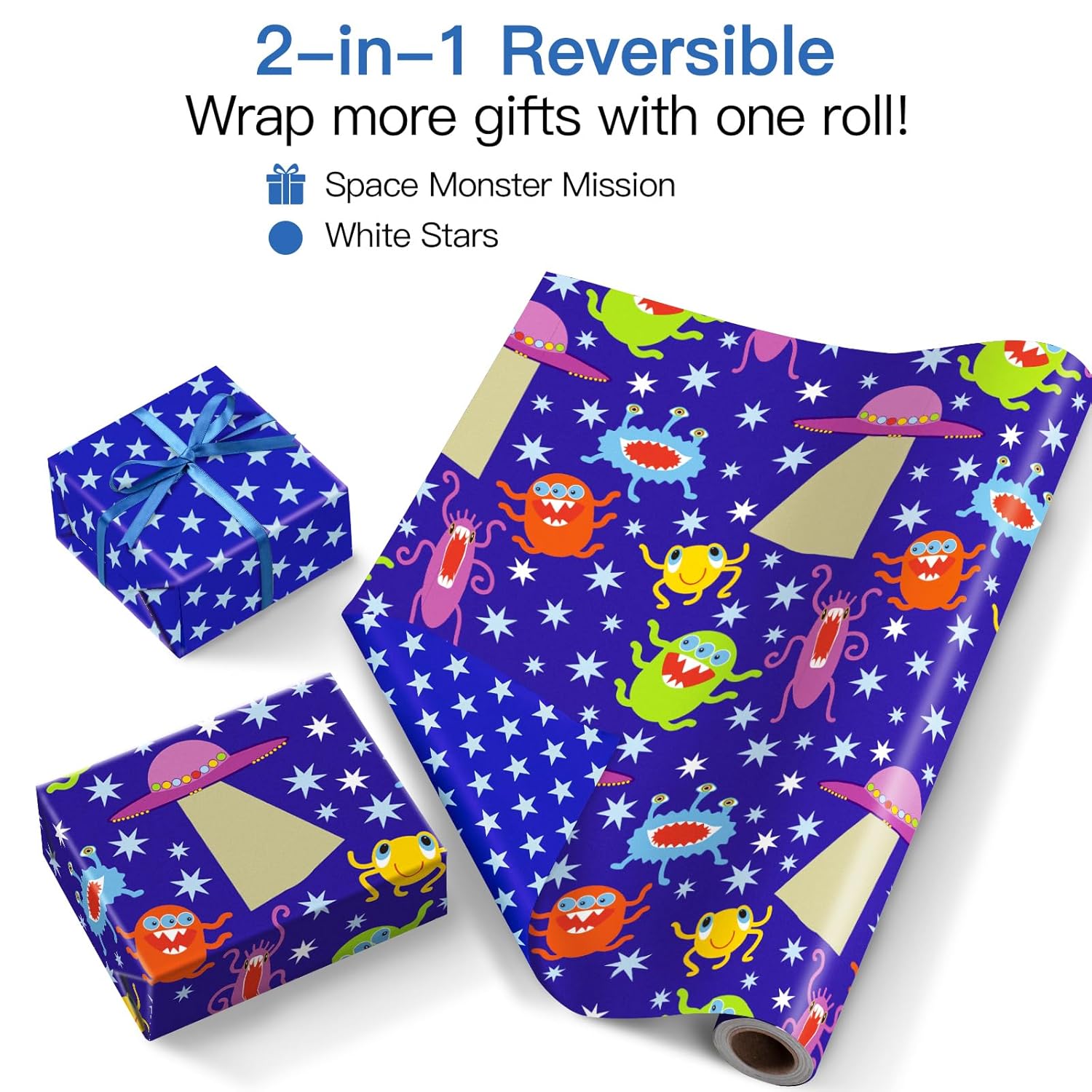 Reversible Space Wrapping Paper Roll, Mini Roll, Cartoon Outer Space, Colorful Alien & White Star Design, Blue Birthday Gift Wrap Paper For Kids Boys, Outer Space Party, 17 Inches X 16.4 Feet