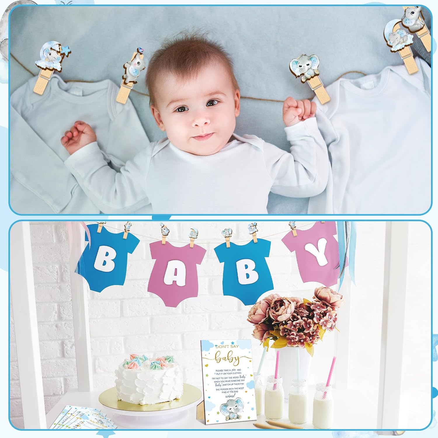 321 Pcs Blue Elephant Themed Baby Shower Game Supplies For Boy 5 Set Include 50 Activity Cards 20 Pencils 1 Don'T Say Baby Sign 50 Clothespins For Price Is Right Prediction Bingo Game Party