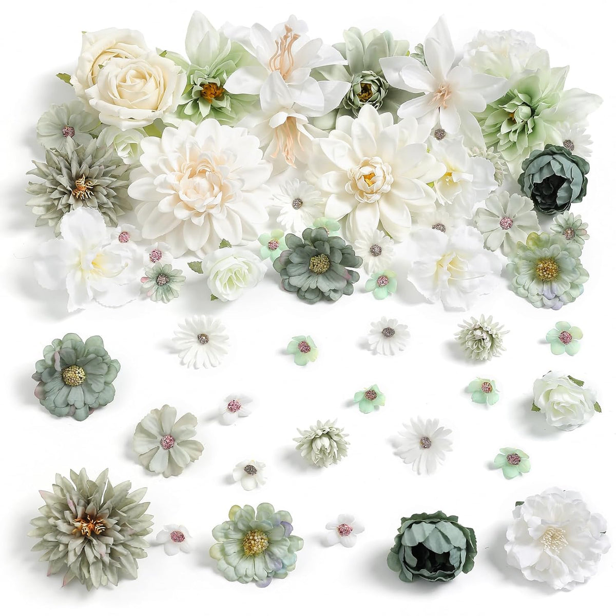 Artificial Flowers Heads Combo White Green Flowers Mix Silk Flowers Dahlia Roses For Graduation Cap Diy Cake Wedding Party Floral Arrangement Table Centerpieces Home Decorations