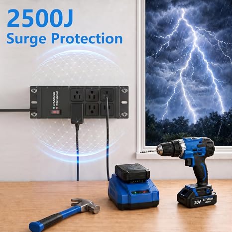Heavy Duty Black Surge Protector Power Strip with 6 Outlets and 4FT Cord for Garage and Workshop