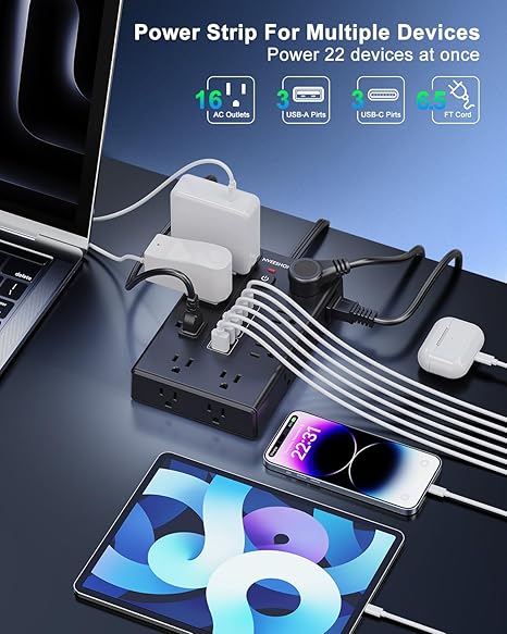 Surge Protector Power Strip with 16 Outlets 6 USB Ports 3 USB C 6.5FT Flat Plug Extension Cord