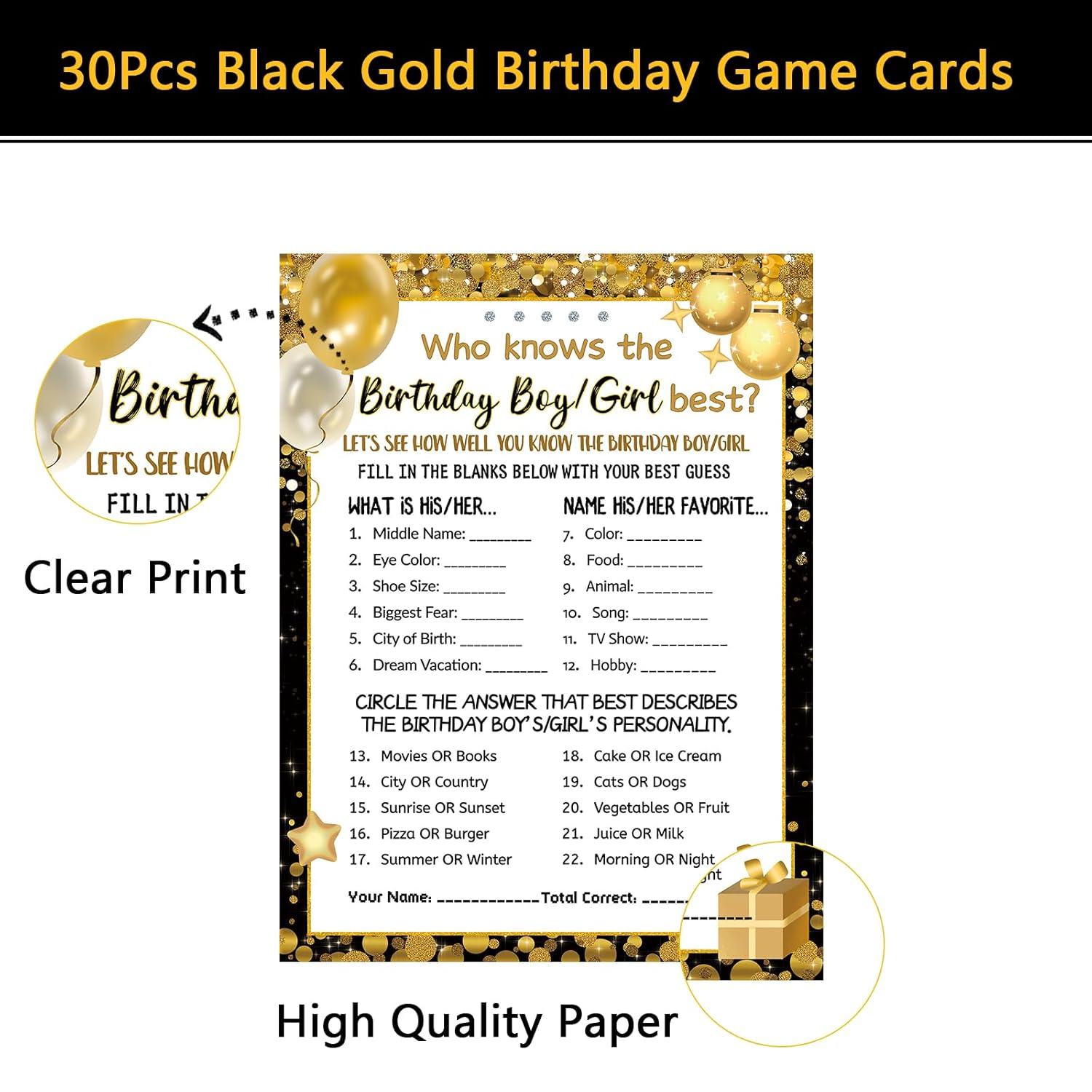 Who Knows The Birthday Boy Girl Best, Birthday Game Cards For Party Activities, Birthday Game Cards For Teens Kids Girls Boys Sleepover Party - Set Of 30 (Black Gold, Double-Sided)