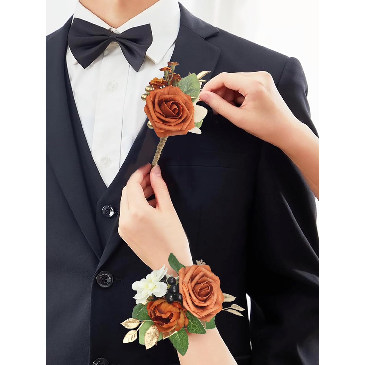 2Pcs Terracotta Wrist Corsage Artificial Flower Corsage For Fall Wedding Homecoming Prom Burnt Orange Bracelet Boho Wrist Flowers Bride Bridesmaid Flower Accessories