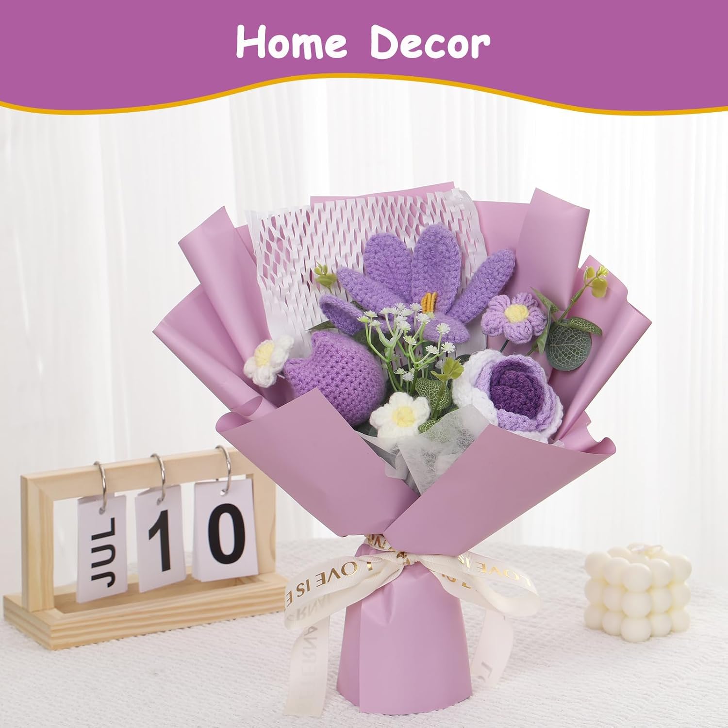 Crochet Flowers Bouquet With Crochet Rose, Tulips, Daisy A Gift For Lover, Mother, Teacher, Friends,Handmade Crocheted Yarn Flowers, Artificial Flower Finished Bouquet(Purple)
