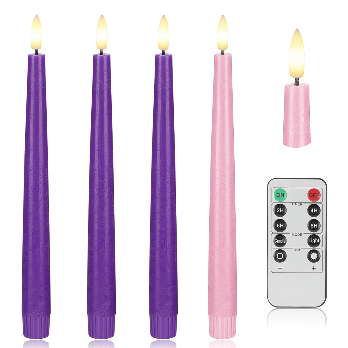 Flamelss Advent Candles, 9.6" Real Wax Flameless Taper Candles With Remote, 4 Pack Flickering Led Candle Battery Operated Candlesticks For Christmas, Catholic, Advent, Wreath, Purple And Pink