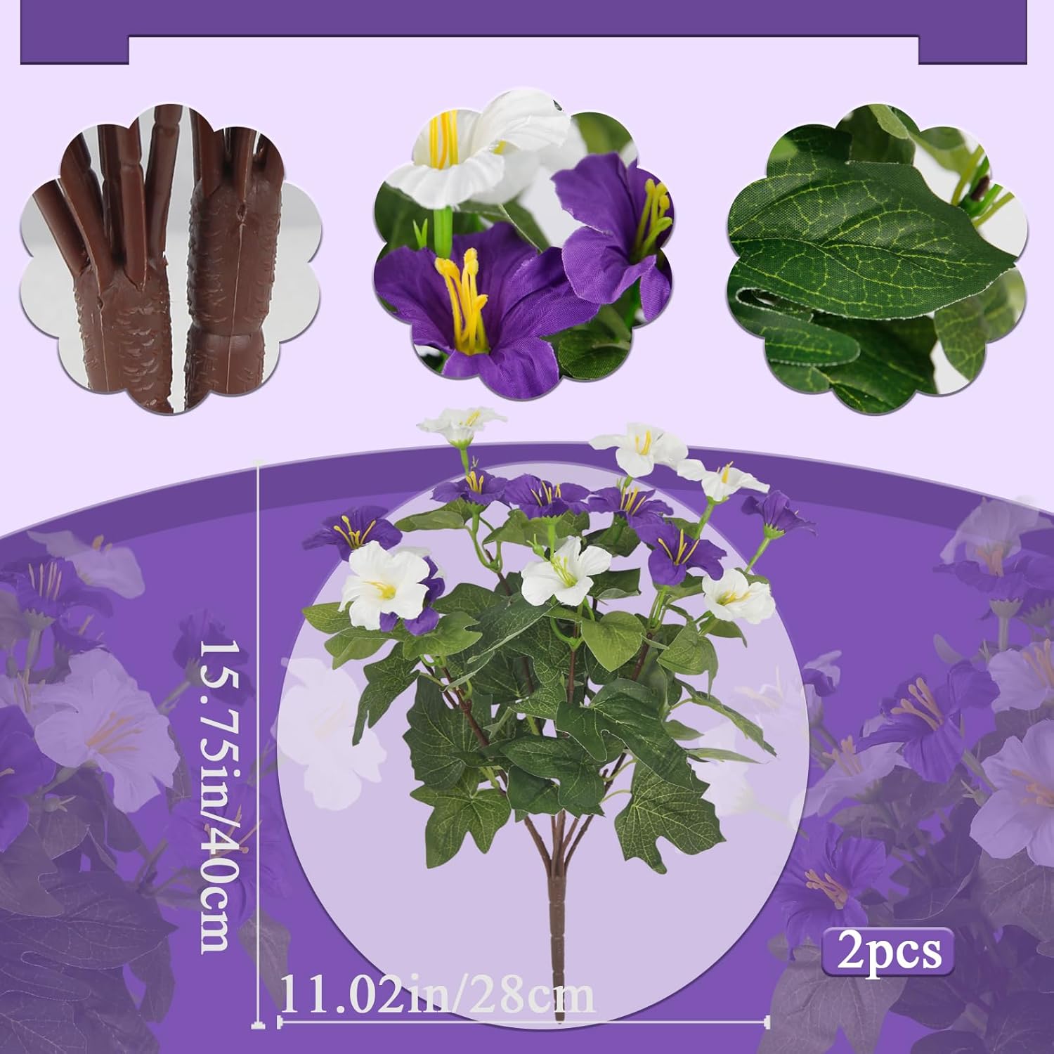 2 Pcs Artificial Flowers For Outdoors Fake Petunias Plants Outside Purple And White Silk Morning Glory Uv Resistant Realistic Faux Tropical Flowers For Planter Porch Patio Yard Garden Window