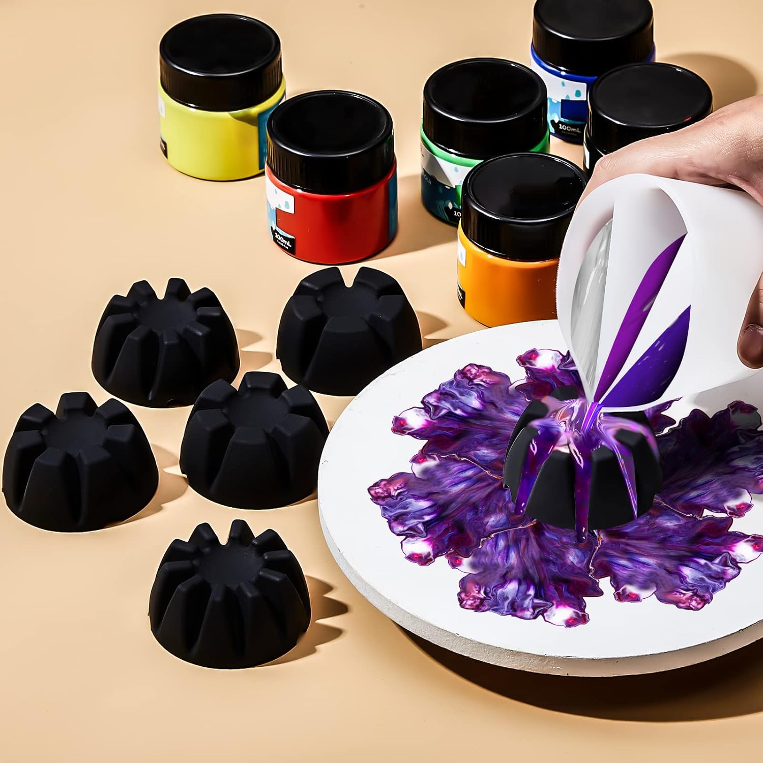 6 Pieces Flower Pour Cup For Paint Pouring 6/7/8/9/10 Slot Acrylic Paint Tools Supplies Flower Strainer For Diy And Creating Patterns Art Supplies(Black)