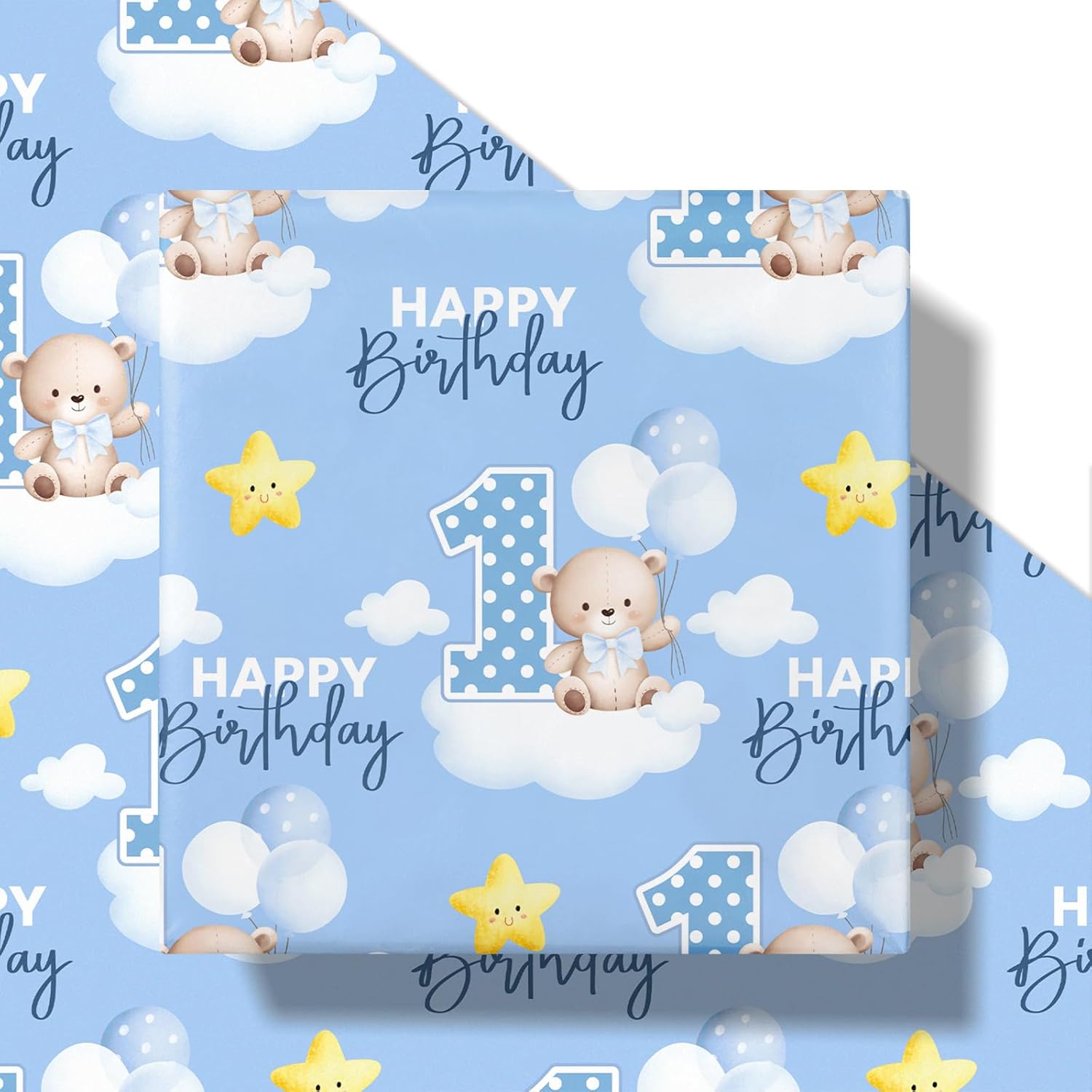 1St Birthday Wrapping Paper Roll For Toddler Boy, Mini Roll, Blue Bear Clouds Balloons And Number 1 Gift Wrap Paper For First Birthday, Baby Shower Celebration, 17 Inches X 16.4 Feet