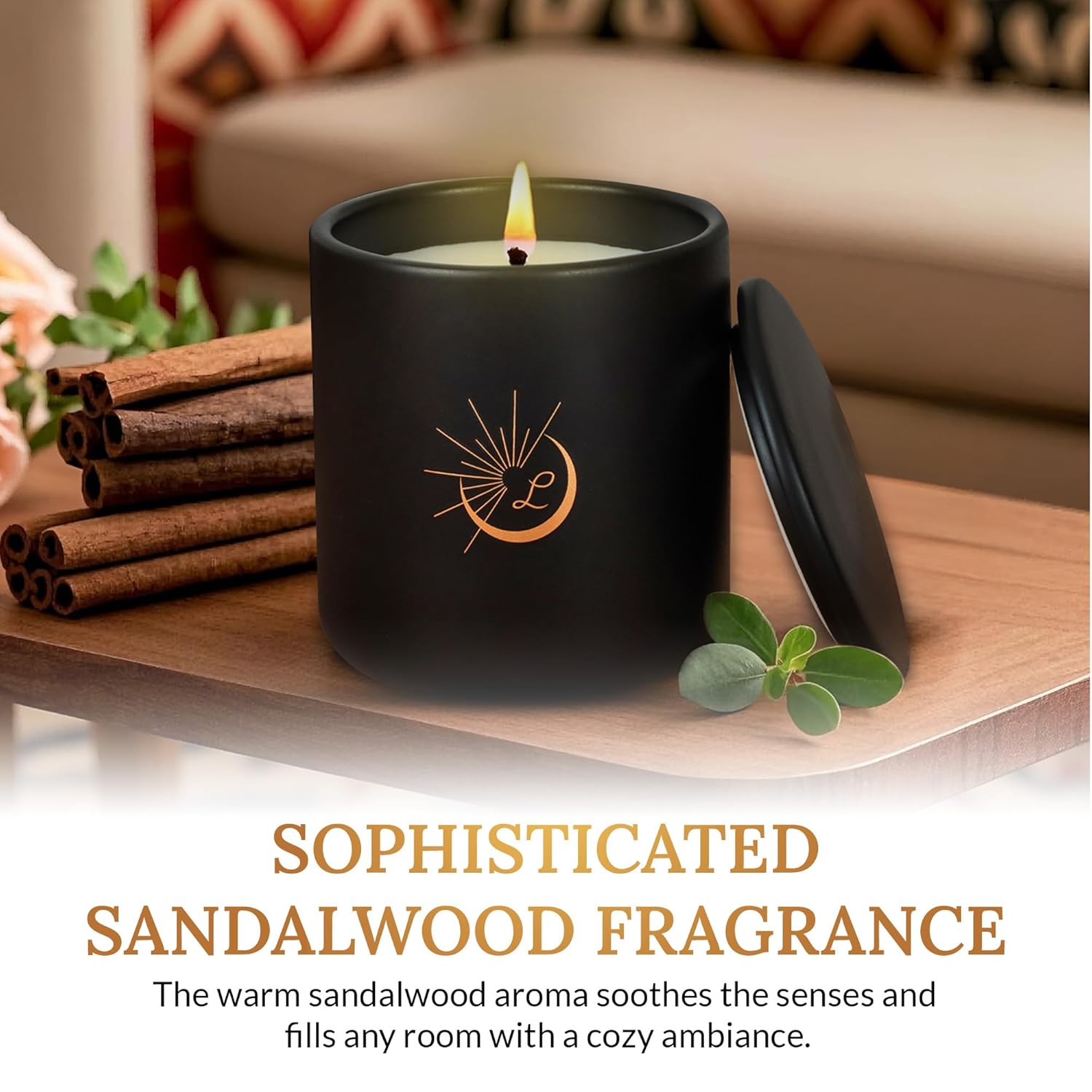 Sandalwood Soy Wax Candle 8.8Oz — Matte Black Ceramic Jar, Cotton Wick — Long-Lasting 52-Hour Clean Burn — Aromatherapy Gift Candle For Men And Women, Bedroom And Living Room