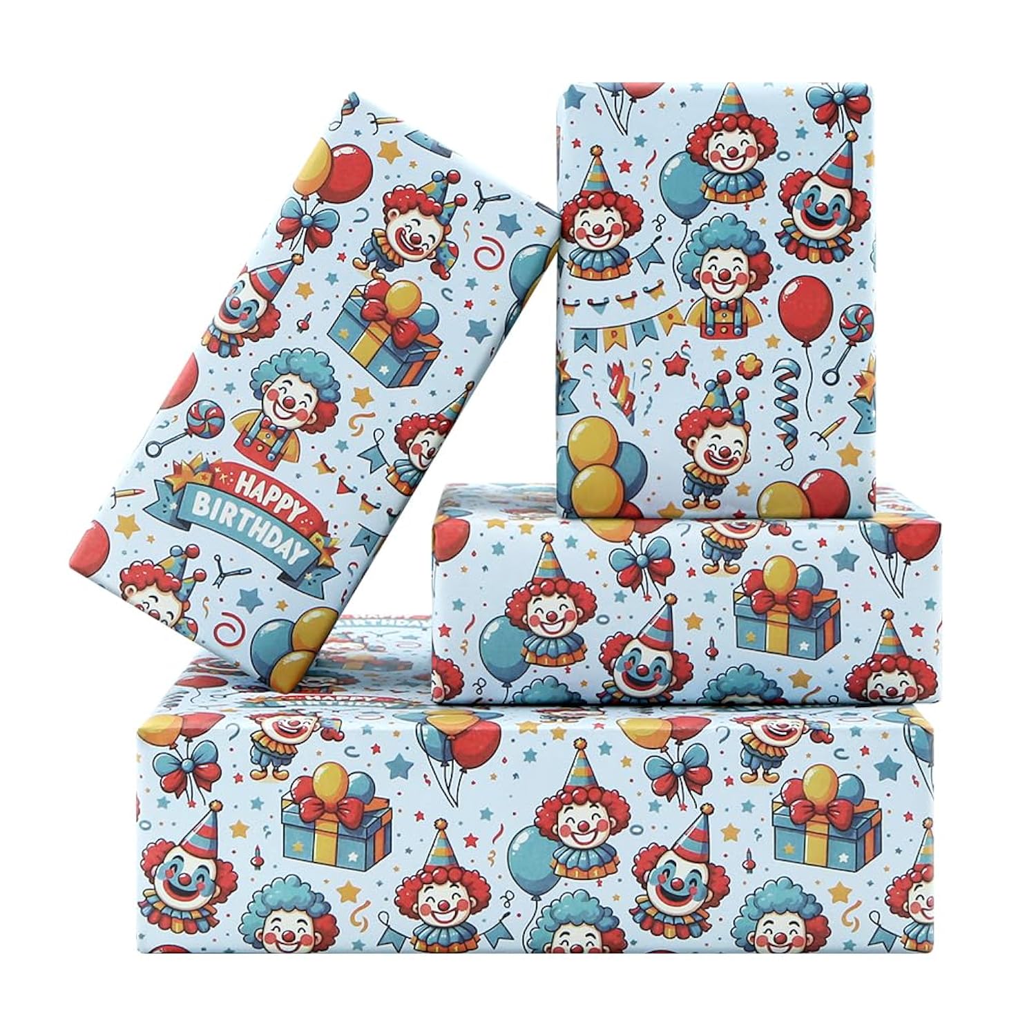Joker Gift Wrapping Paper,4 Sheets Red Blue Clown Happy Birthday Wrapping Paper Balloon Lollipop Gift Box Gift Wrap Paper For Girl Boy Kid Birthday Baby Shower Wedding Christmas Party,20X28 Inch