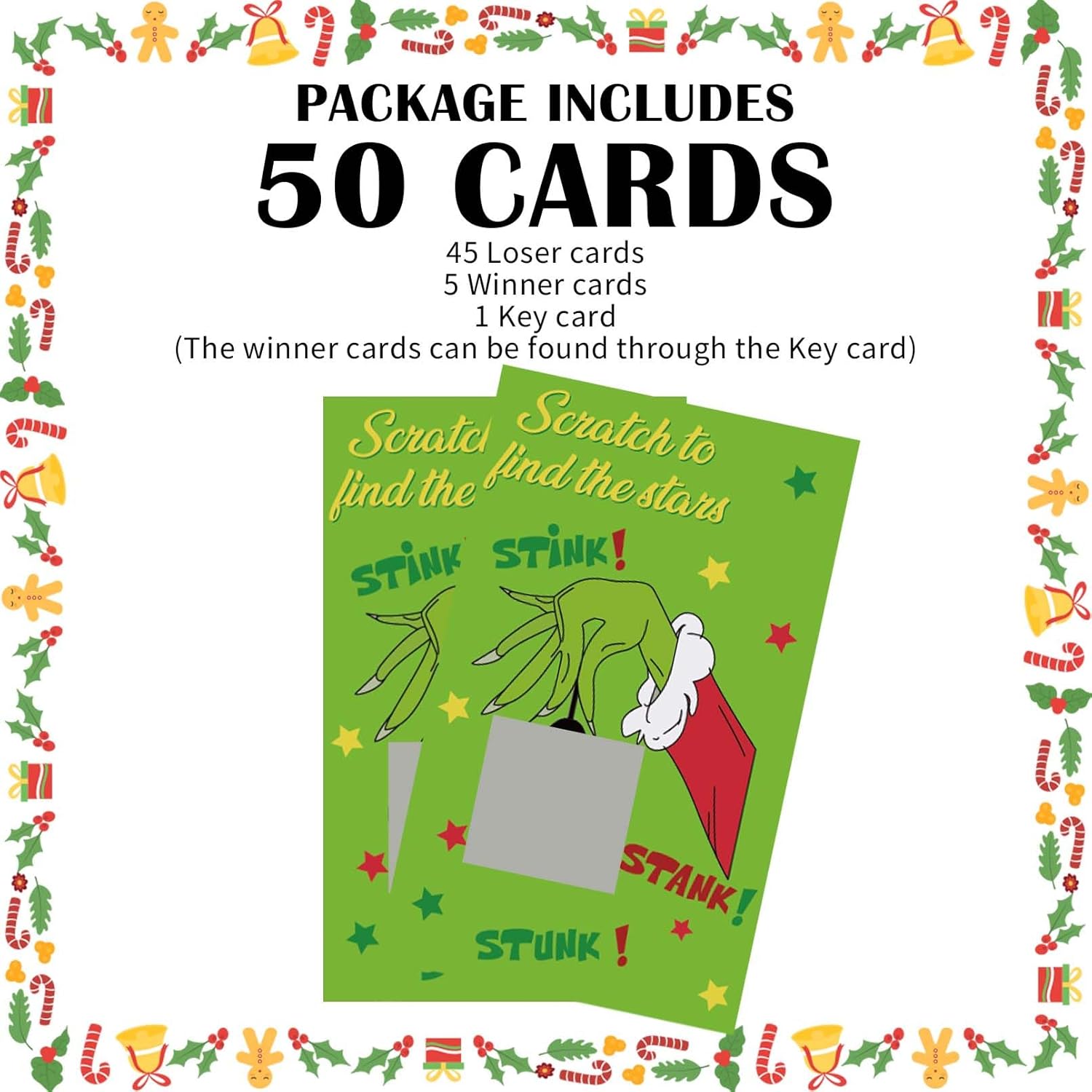 50 Pack Christmas Scratch Off Cards With Stickers For Christmas Party Game, Cartoon Green Xmas Themed Scratch Off Game Cards For Holiday Party Favors Raffle Giveaway Prize Drawing Supplies