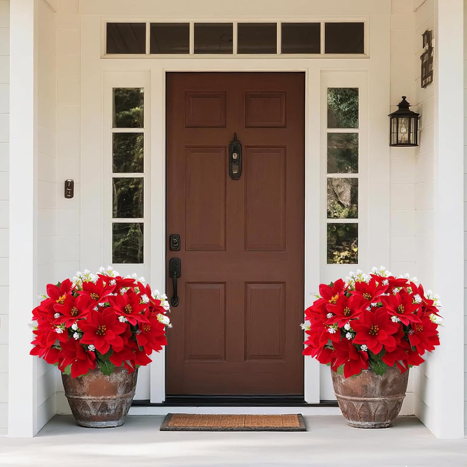 12 Bunches Poinsettias Artificial Christmas Flowers For Outdoors,14'' Fake Red Poinsettias Faux Eucalyptus Plants Uv Resistant For Home Planters Garden Porch Christmas Winter Spring Décor