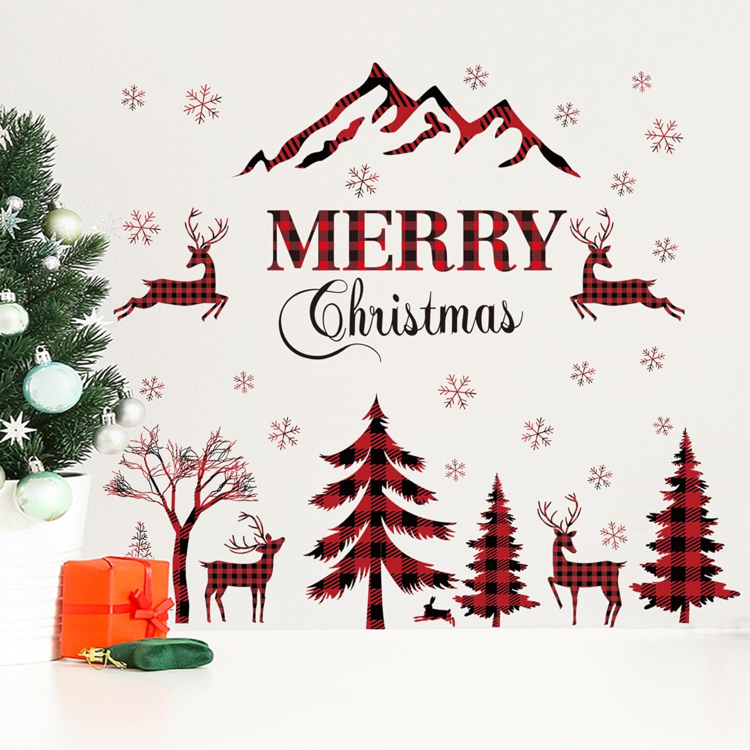 Merry Christmas Wall Decal - Red & Black Buffalo Plaid Tree, Deer Window Clings, Snow Removable Home Decor Mural, Peel And Stick For Christmas Party Supplies