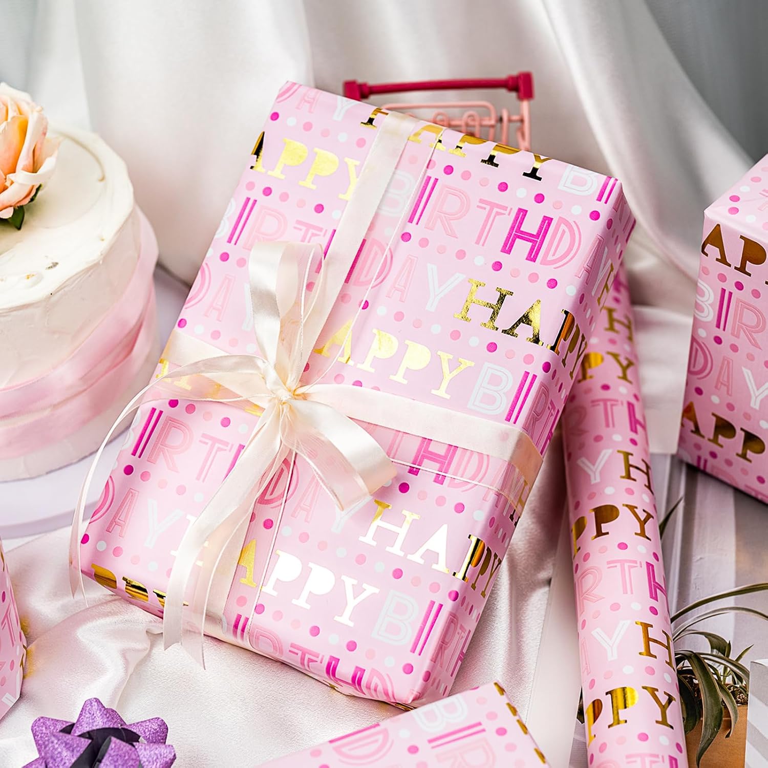 Girl Birthday Wrapping Paper Roll, Pink And Gold Wrapping Paper, Gold Foil Girly Happy Birthday Lettering Design Pink Gift Wrap For Girls Women, Baby Shower, Christmas(17 Inch X 33 Feet)