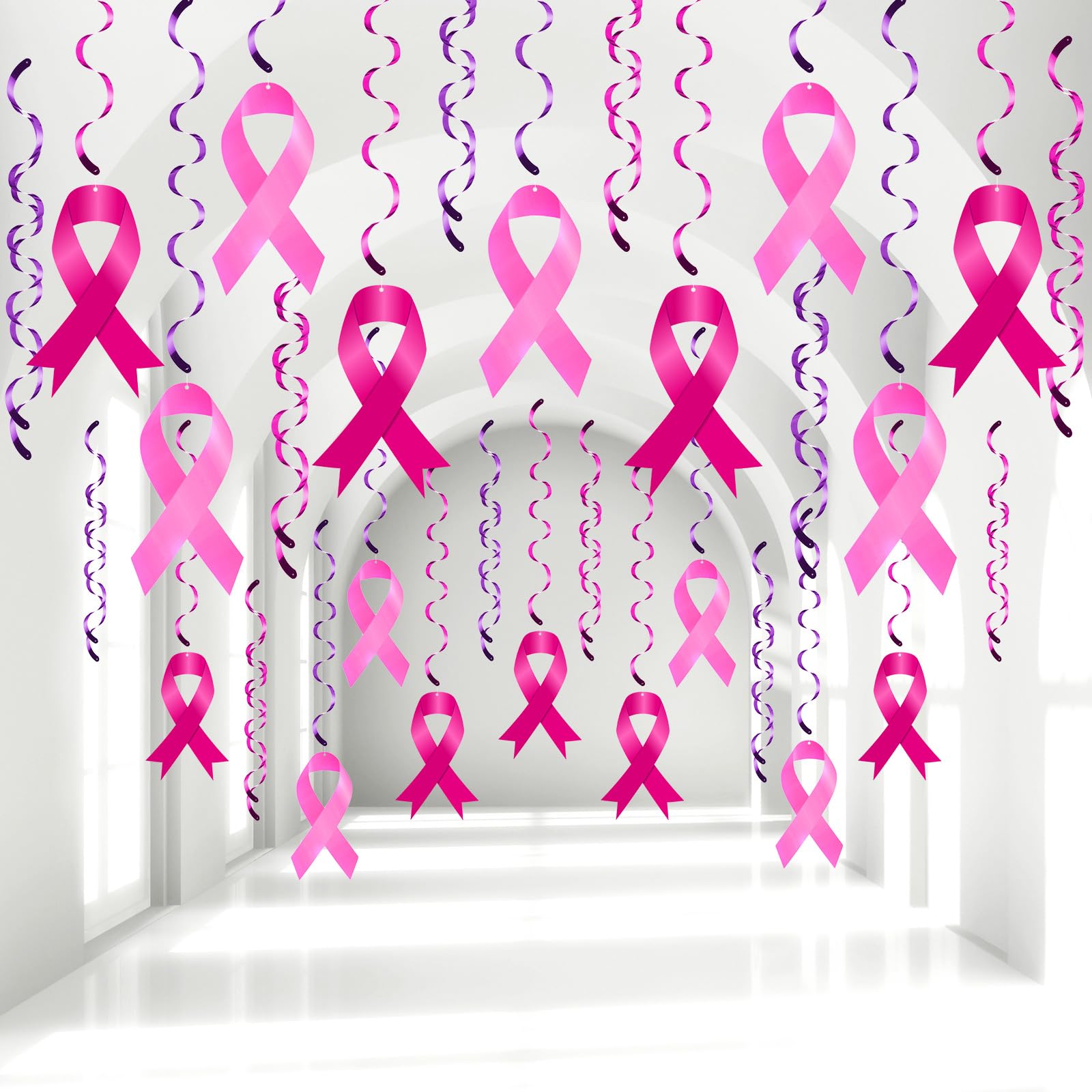 48 Pcs Breast Cancer Awareness Pink Ribbon Hanging Swirls