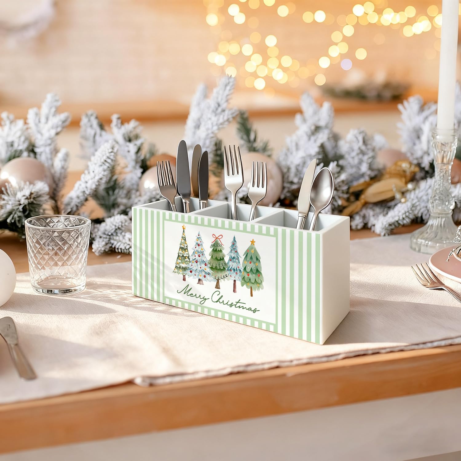 Green Christmas Tree Kitchen Utensil Holder, Winter Xmas Pine Tree Holiday Cooking Utensil Holder Wooden Storage Organizer Box For Kitchen Counter, Green Christmas Decor