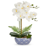 White Orchids Artificial Flowers In Pot 16.1" Faux Orchids Plant In Blue And White Pot Real Touch Fake Phalaenopsis Flower Arrangement Dinner Table Centerpiece For Dining Room Bathroom Decor
