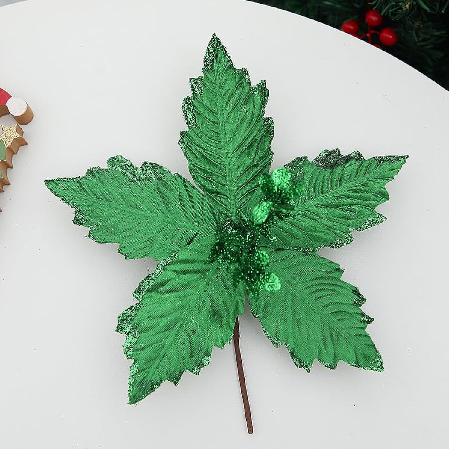 12 Pcs Glitter Green Christmas Flower For Party 10.23Inch Artificial Christmas Poinsettia Flowers With Stems Christmas Tree Green Flower Ornaments For Xmas Tree Wreath Floral Holidaydecorations