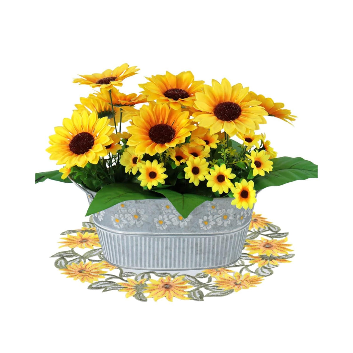 Sunflowers Artificial Flowers In Plant Pots With Table Mat - Fake Sunflower Pot Table Centerpieces, Faux Silk Sunflower Arrangement Farmhouse Decorations For Wedding, Party, Dining Room