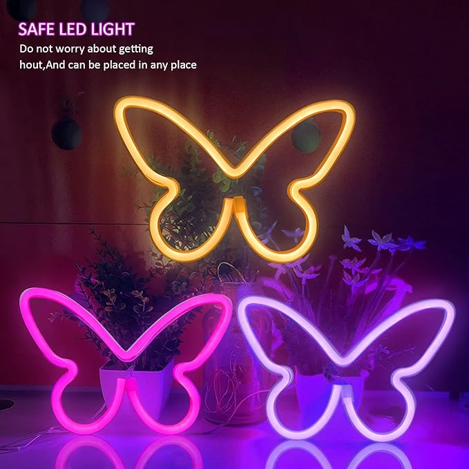 3PCS Butterfly Neon Signs Pink Purple Warm White LED Wall Lights USB Battery Powered Decor