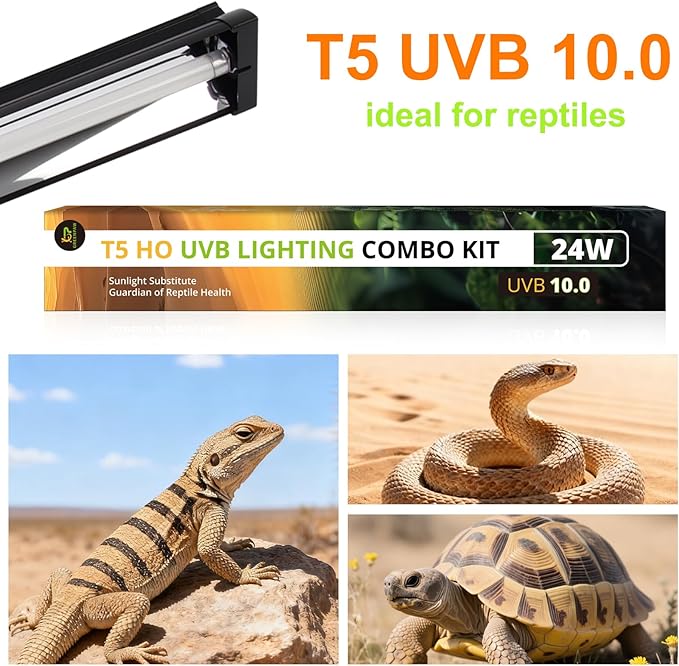 T5 UVB Reptile Light Fixture Combo Kit 24W 10.0 with 22.68 Inch Terrarium Hood for Bearded Dragon Gecko