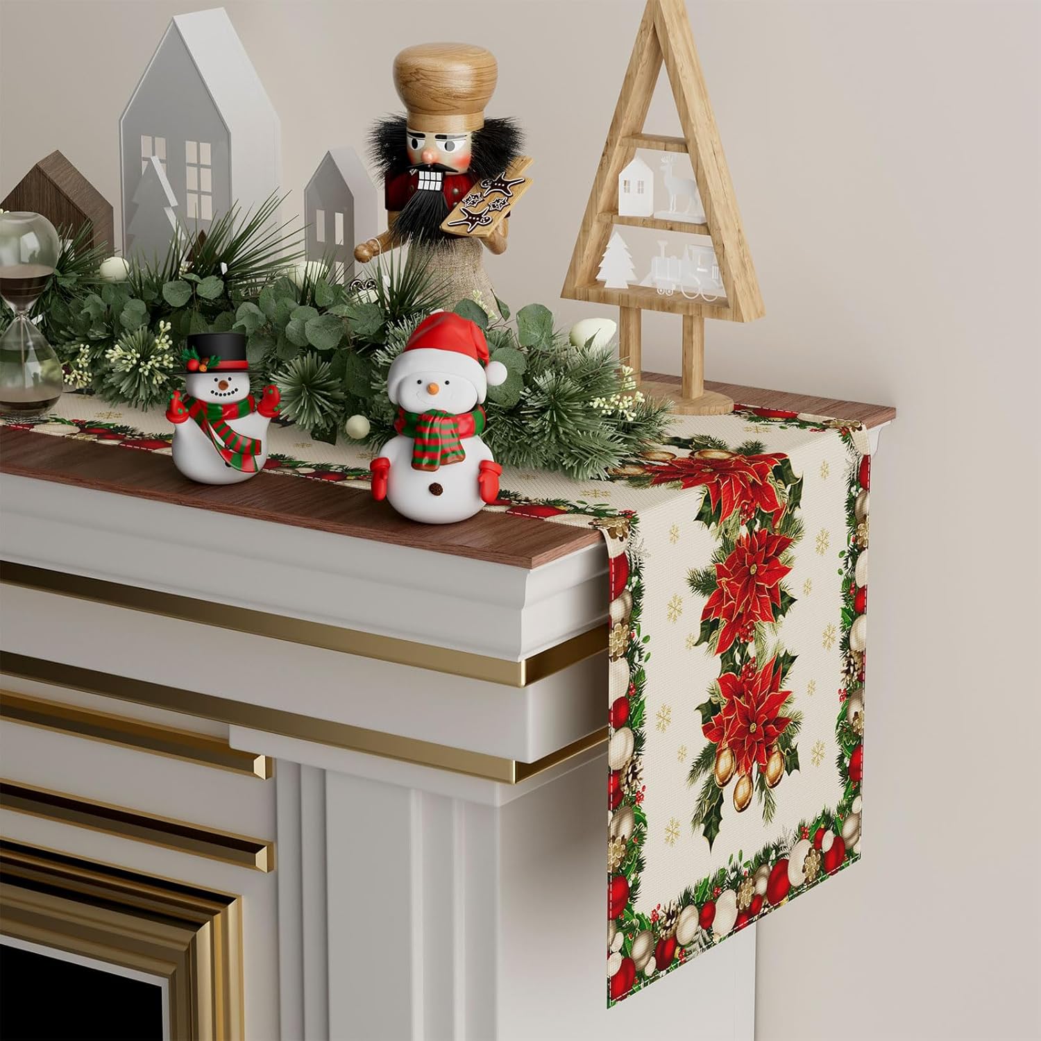 Christmas Poinsettias Leaves Bells Snowflakes Winter Xmas Table Runner Table Decoration For Home Kitchen Dining Holiday Decor 13X72 Inch