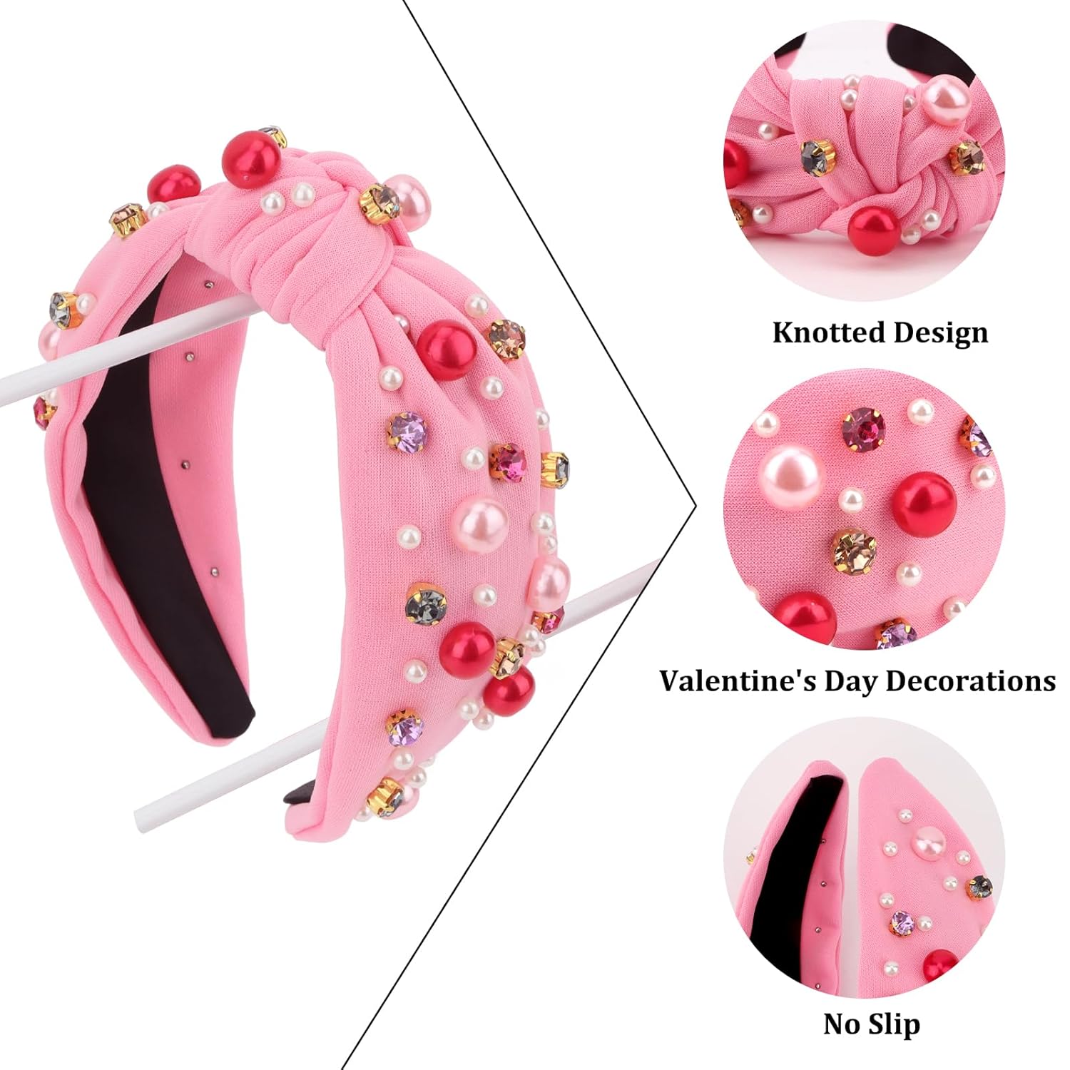 Valentine'S Day Headband For Women Girls Hot Pink Pearl Rhinestone Hairband Love Heart Knotted Headbands Crystal Jeweled Wide Top Knot Headpiece Valentines Hair Accessories Party Holiday Gifts