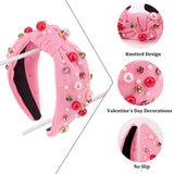 Valentine'S Day Headband For Women Girls Hot Pink Pearl Rhinestone Hairband Love Heart Knotted Headbands Crystal Jeweled Wide Top Knot Headpiece Valentines Hair Accessories Party Holiday Gifts