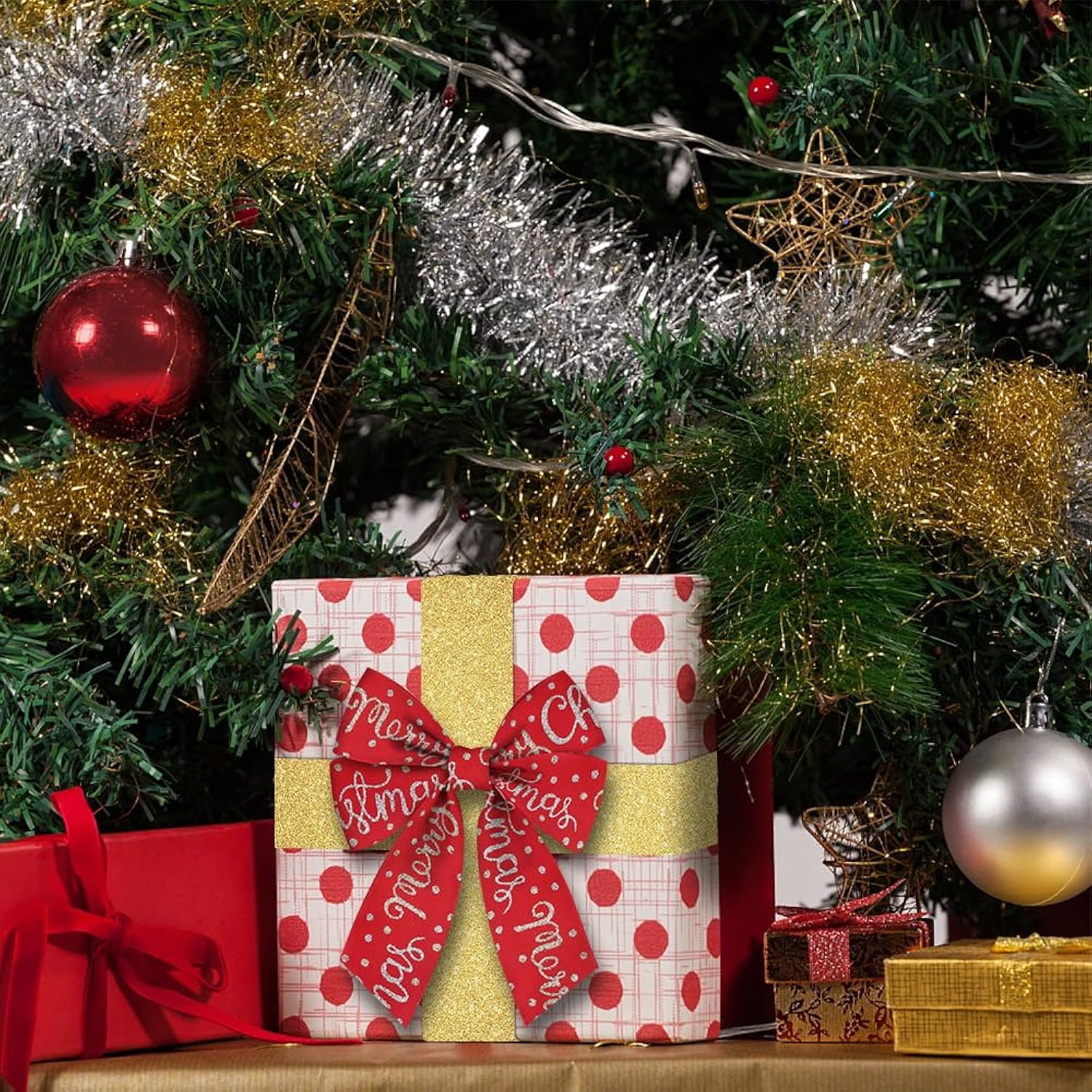 3 Rolls Merry Christmas Wired Edge Ribbons For Wreath Bows Crafting, Xmas Glitter Red Golden Winter Holiday Craft Ribbons For Gift Wrapping, Party Decorations, Ornaments