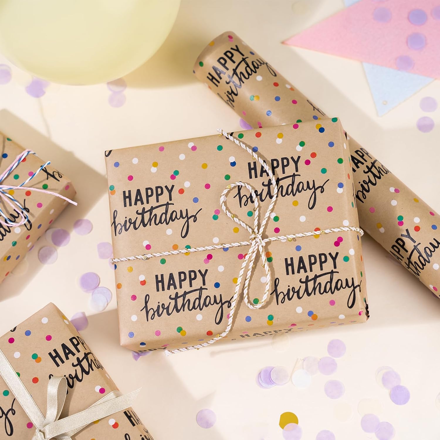 Birthday Kraft Wrapping Paper Roll, Happy Birthday Lettering & Colored Polka Dots Kraft Design For Birthday, Holiday, Party, Baby Shower, 17 Inches X 32.8 Feet (46.45 Sq.Ft.)