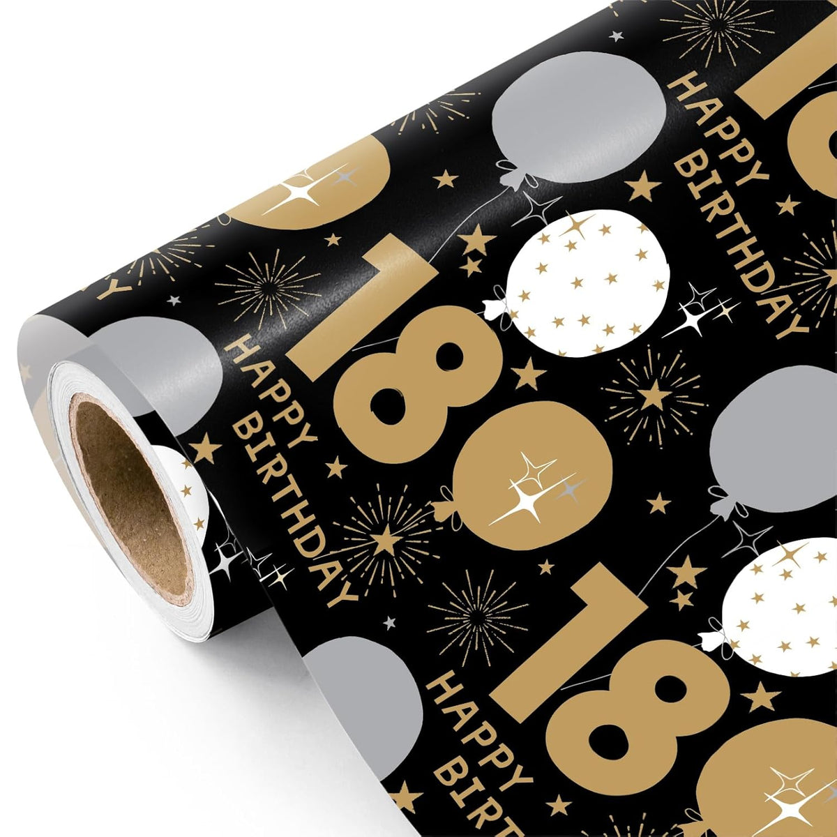 18Th Birthday Wrapping Paper Roll - Mini Roll - 17 Inch X 16.5 Feet - Black Gold Balloon 18 Happy Birthday Wrapping Paper For Boys Girls Teenager