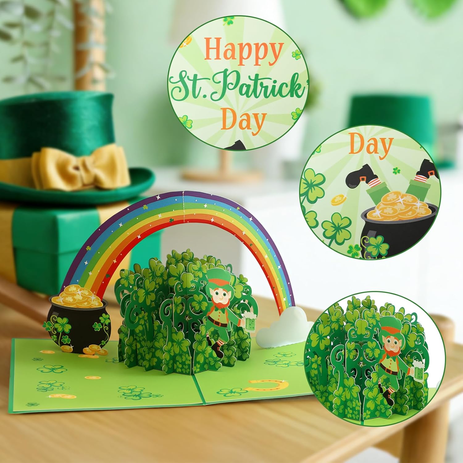 Pop Up St. Patrick'S Day Card Green Shamrock 3D Greeting Card Irish Lucky Gift Card With Envelope 5" X 7" Signature Paper Wonder Card Handmade Unique Design Clover Pop Out Card For Family & Friends