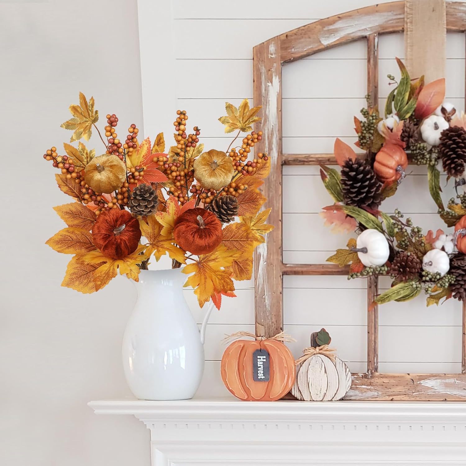 2Pack 16In Fall Picks And Sprays With Velvet Pumpkins Pinecones Berries Maple Leaves Artificial Fall Floral Branches Stems For Vases Autumn Table Centerpieces Seasonal Home Decor