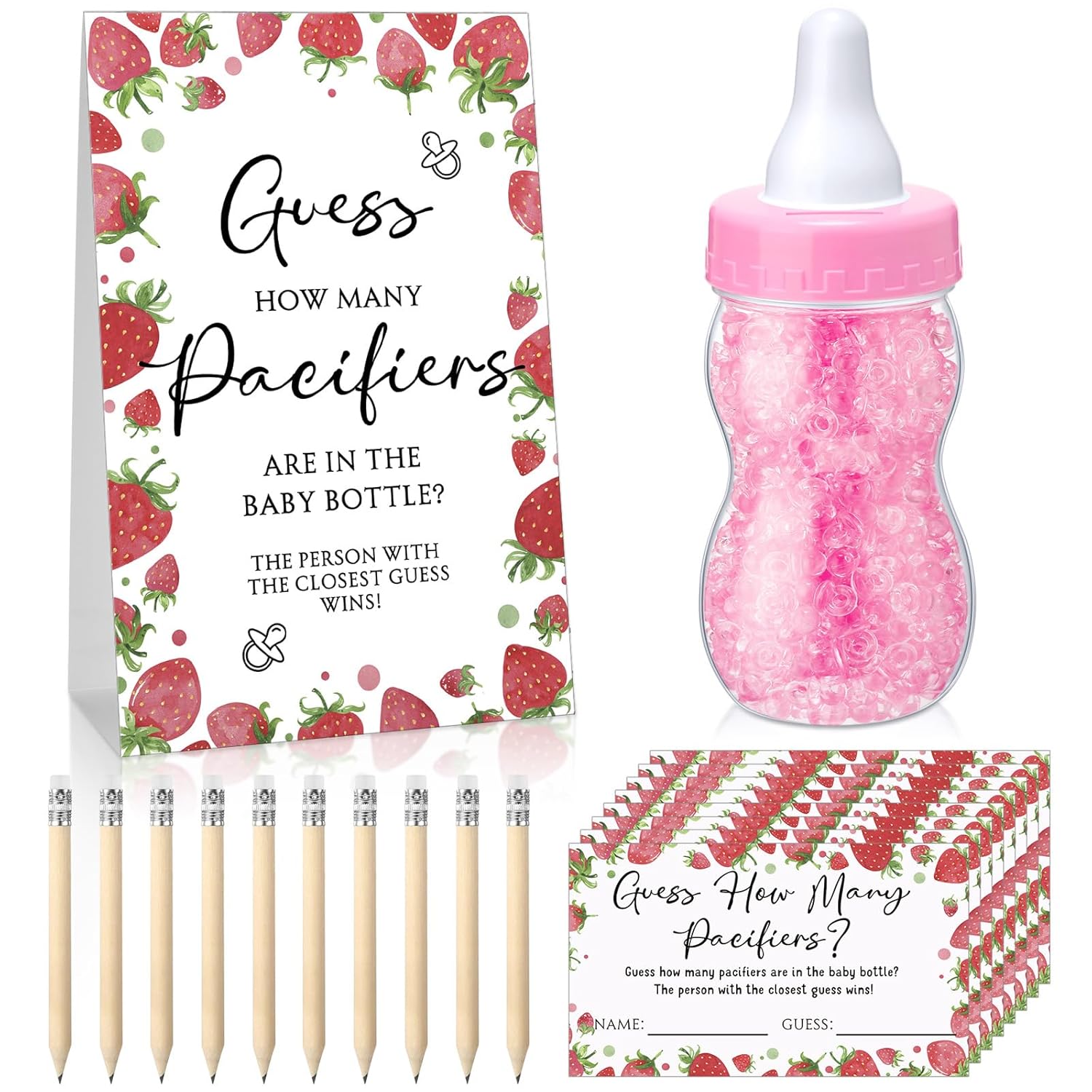 512 Pcs Baby Shower Games Guess How Many Pacifiers Sign 100 Small Guessing Games 10 Hb Pencils 750Ml Milk Bottle 400 Acrylic Pacifiers Decoration For Guest Gender Reveal (Pink,Strawberry)