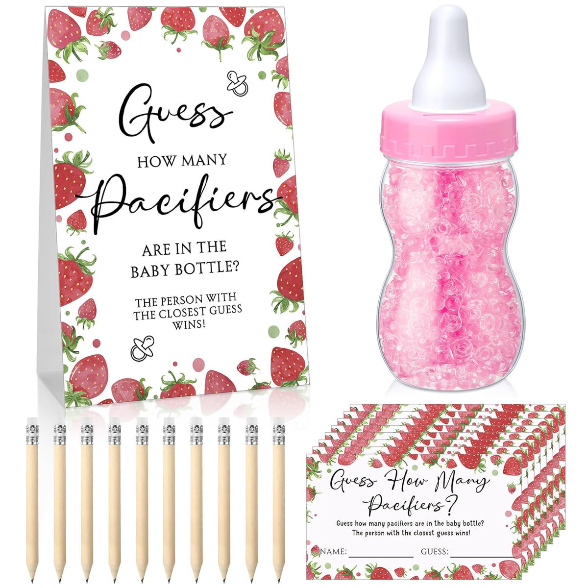 512 Pcs Baby Shower Games Guess How Many Pacifiers Sign 100 Small Guessing Games 10 Hb Pencils 750Ml Milk Bottle 400 Acrylic Pacifiers Decoration For Guest Gender Reveal (Pink,Strawberry)