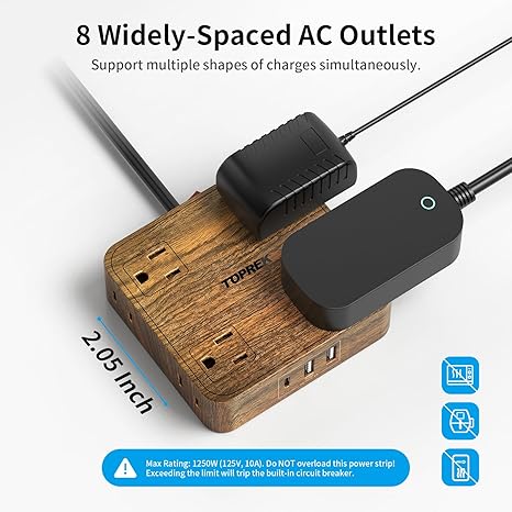 Surge Protector Power Strip 8 Outlets 3 USB Ports 1 USB C 1080J 5FT Flat Plug Extension Cord Wood Finish