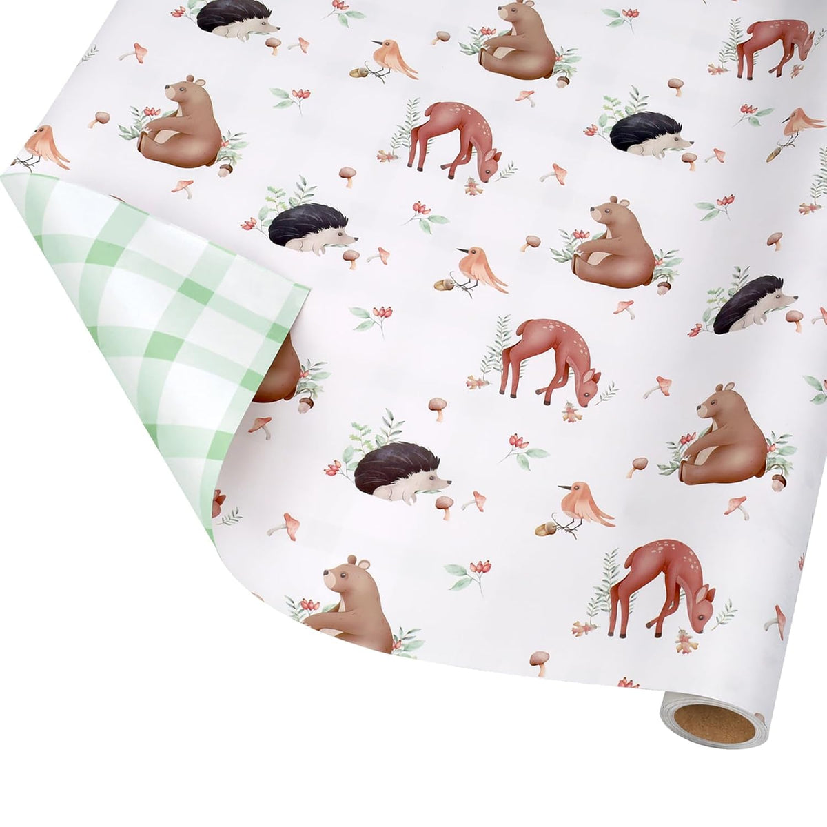 Reversible Baby Shower Wrapping Paper Mini Roll, Woodland Animals And Plaid Design For Neutral Baby Showers, Boys Girls And First Birthday, 17" X 33'(46.7 Sq. Ft)
