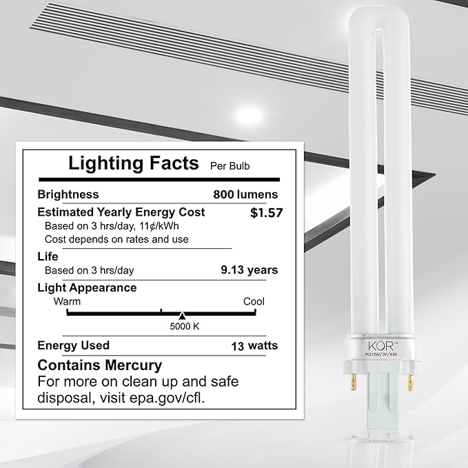 13W CFL Light Bulbs GX23 2-Pin Base 5000K Bright White Single Tube Replacement 4 Pack
