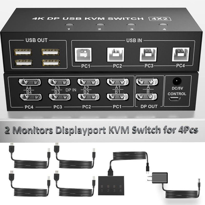 Displayport Kvm Switch 4 Computers 2 Monitors, 4K@60Hz 4 Port Kvm Switch Dual