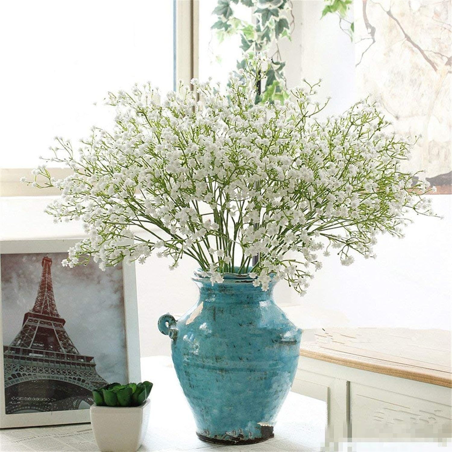 Artificial Flowers 9Pcs 21" Baby Breath/Gypsophila Fake Silk Plants Wedding Party Decoration Real Touch Flowers Diy Home Garden, White