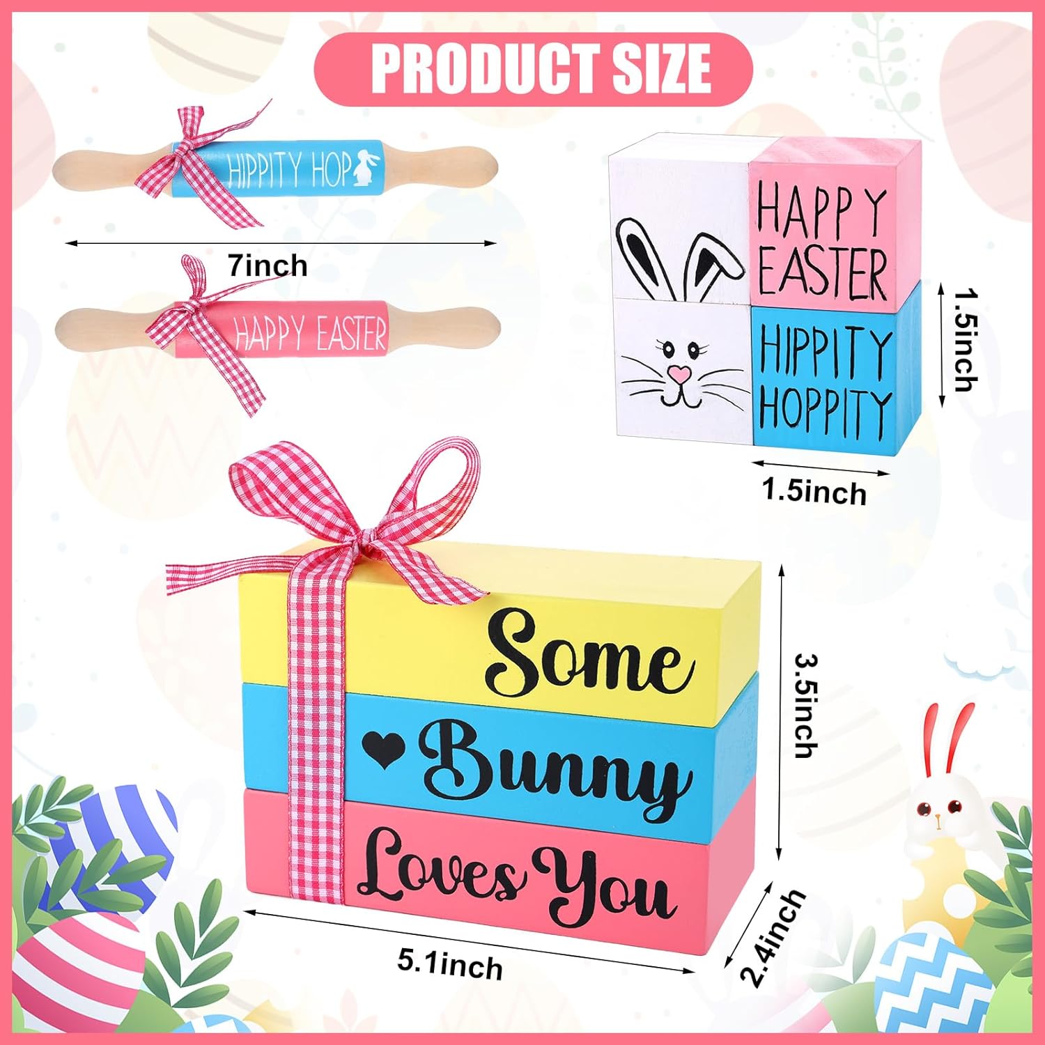 Easter Tiered Tray Decorations 3 Faux Books With Ribbon Rolling Pin 1 Pink 1 Green 4 Tabletop Sign Blocks Farmhouse Handmade Decor For Home Tray Table Bookshelf Mantel Wedding Anniversary