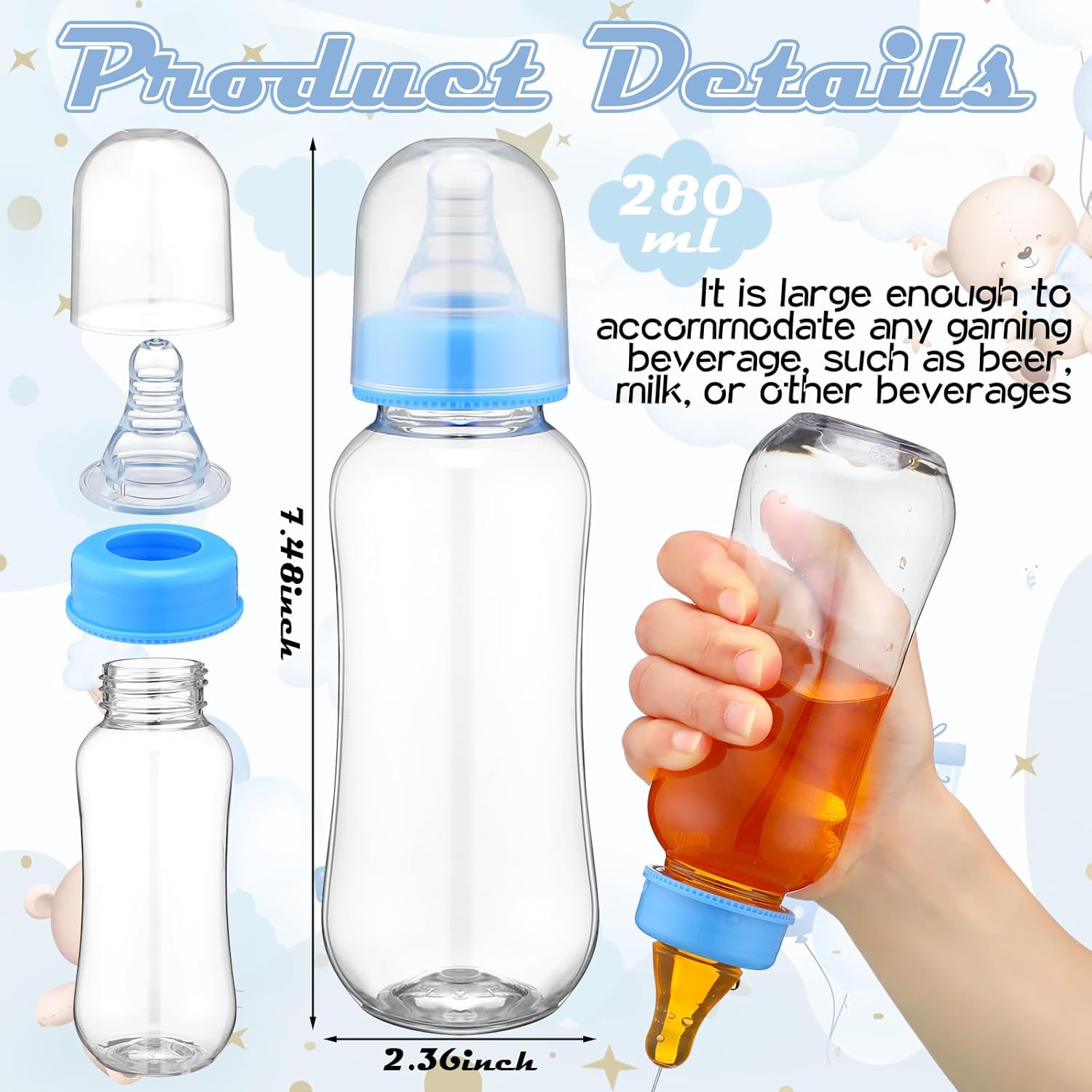 6 Sets Funny Plastic Bottle Chug Baby Shower Games Diaper Baby Shower Game Gender Reveal Party Race Gifts Decoration For Adults Boys Girls (Bear,Blue)